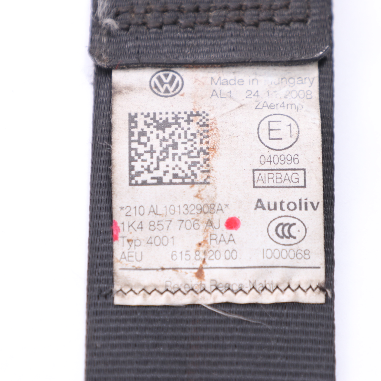 VW Volkswagen Golf 6 Seat Belt Front Right O/S Seatbelt Black 1K4857706AJ