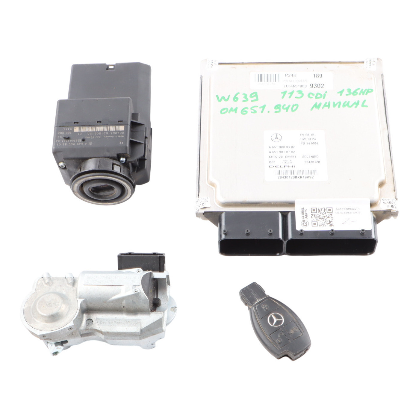 Mercedes W639 OM651.940 136HP Engine Unit Module ECU Kit A6519009302 Key Lock