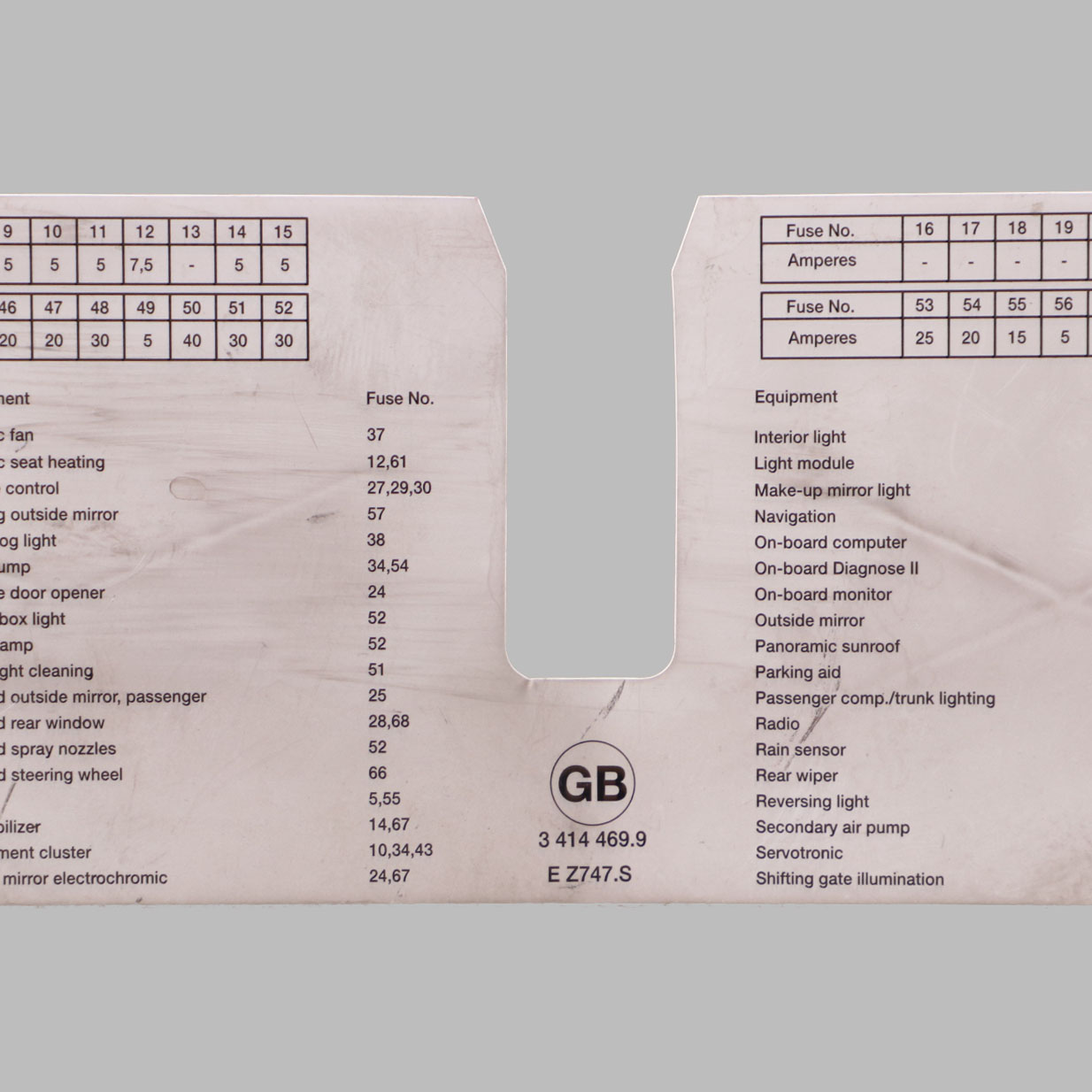 BMW X3 E83 Fuse Grouping Front Stick-on Label Diagram 9267980