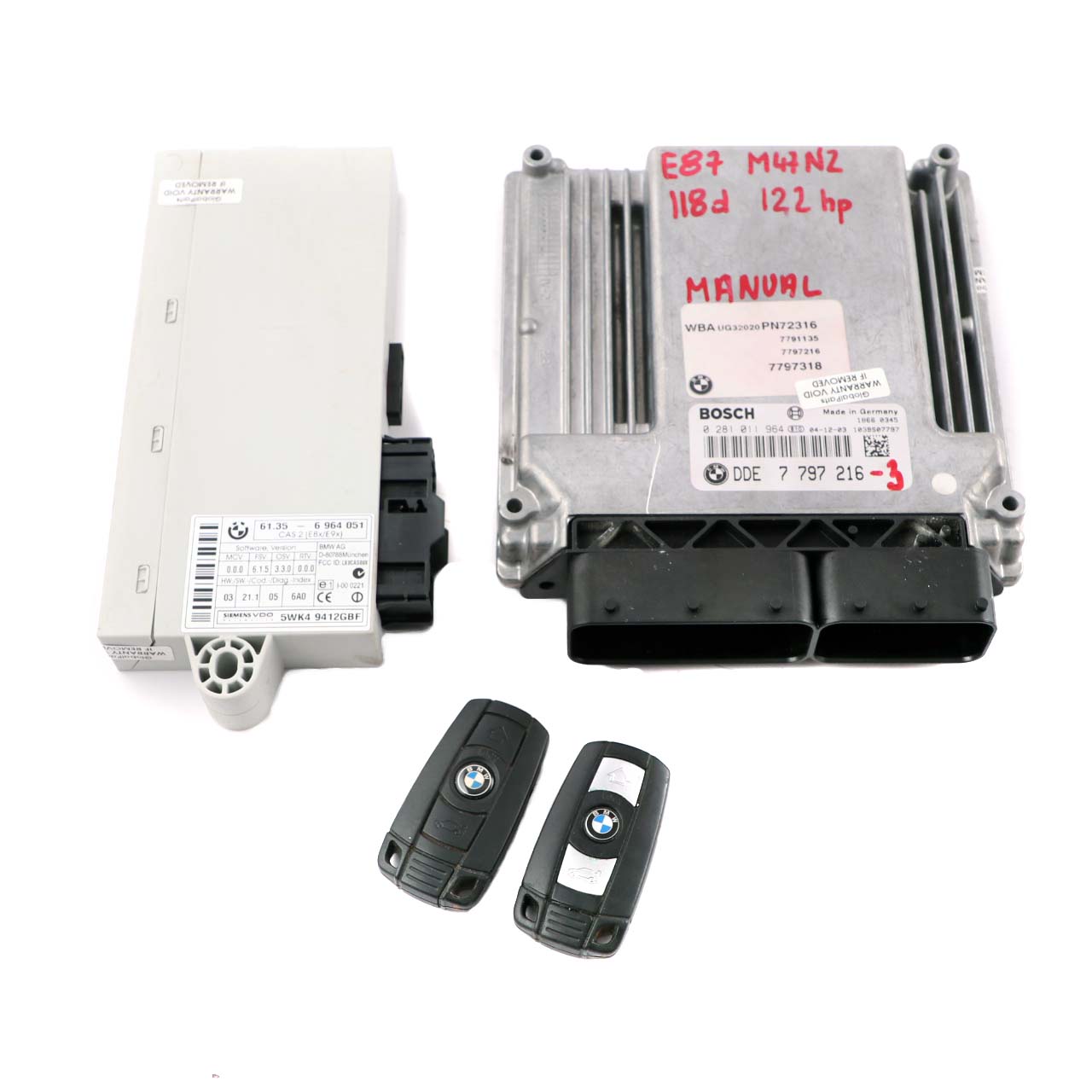 BMW 1 3 E87 E90 E91 118d 318d M47N2 122HP Engine ECU Kit DDE 7797216 CAS2 Keys