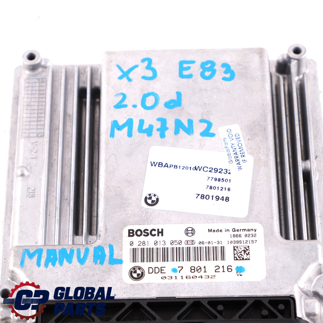 BMW X3 E83 2.0d 150HP M47N2 Diesel Engine Control Unit ECU DDE 7801216 Manual