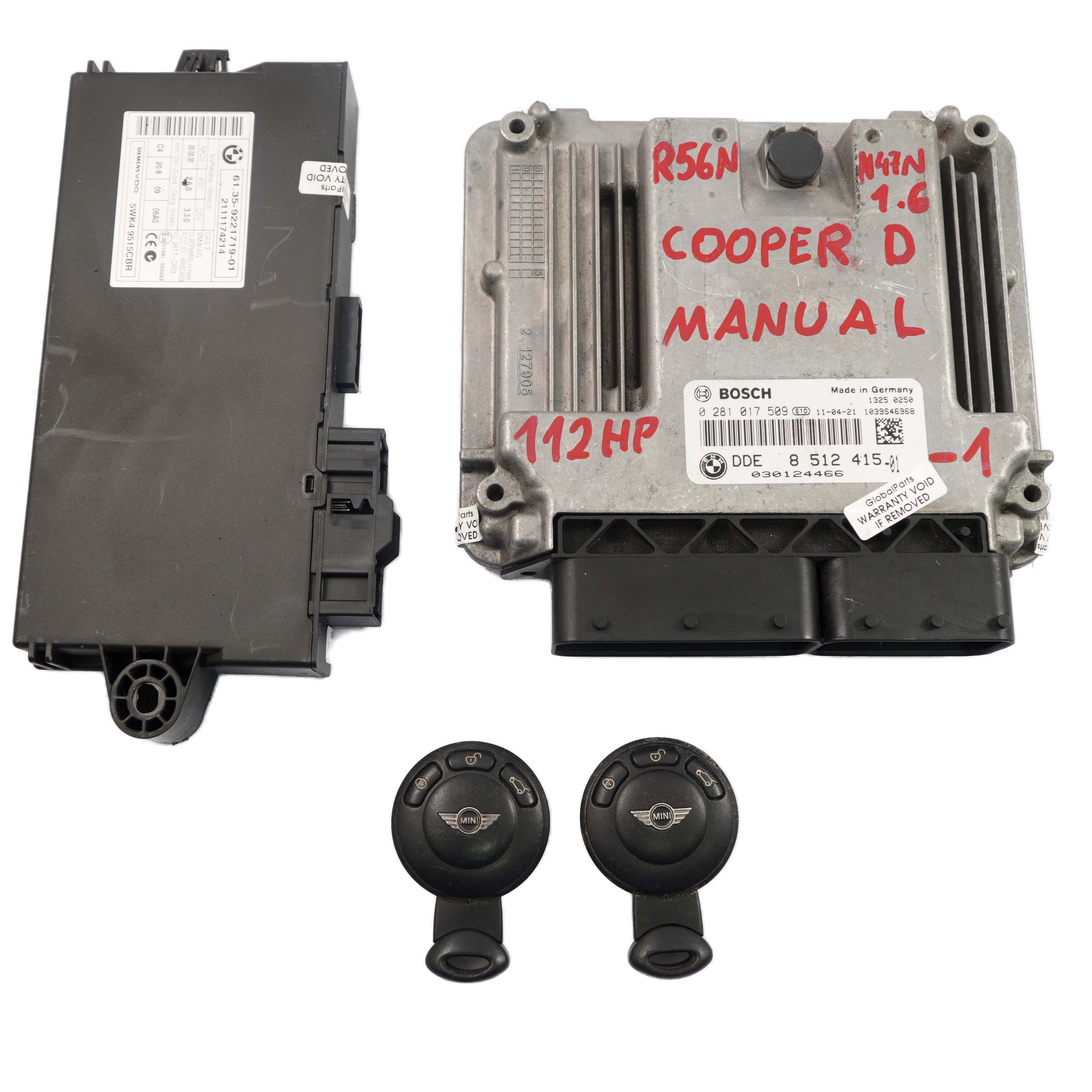 Mini Cooper D R55 R56 LCI N47N 112HP Diesel Engine ECU Kit DDE 8512415 CAS3 Key 