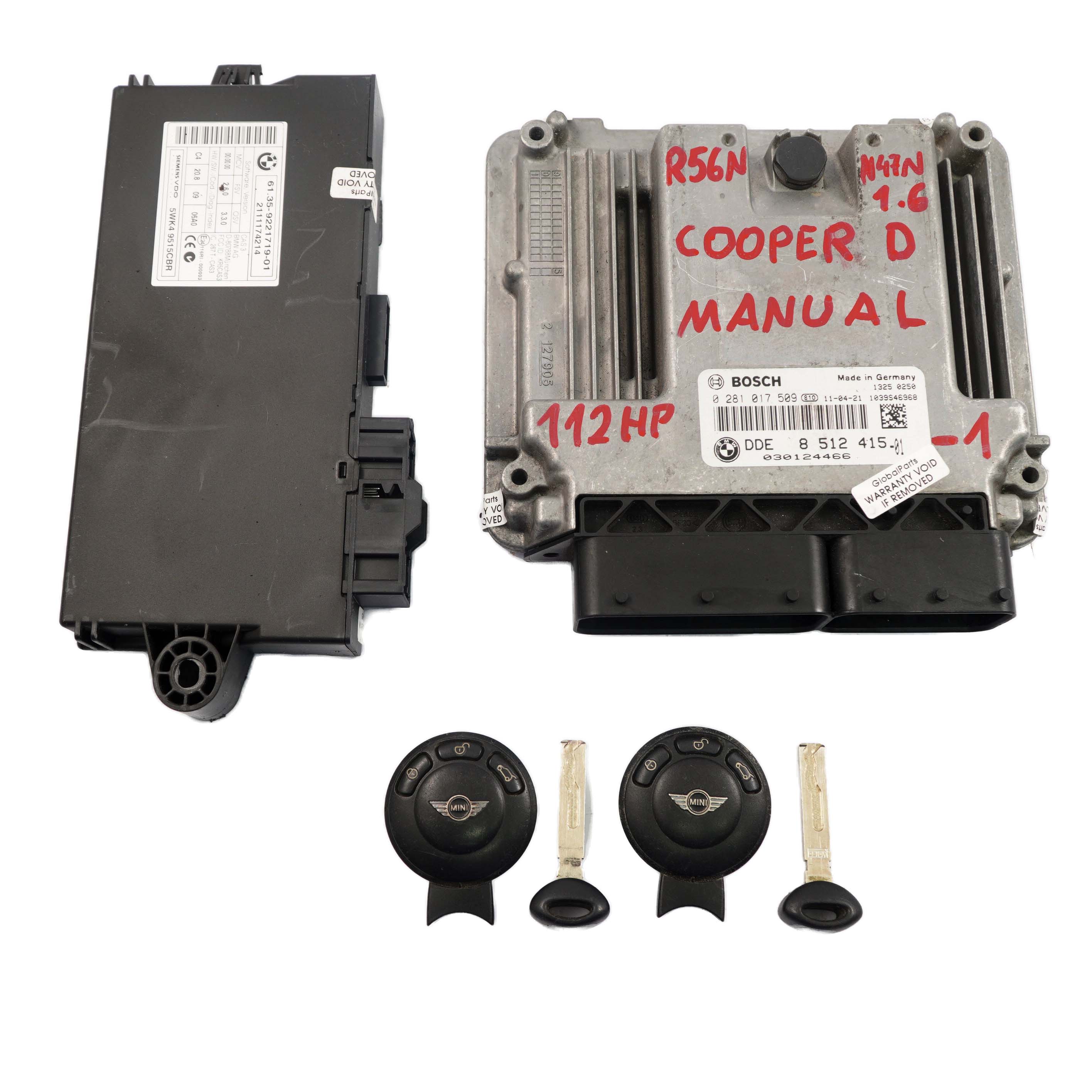 Mini Cooper D R55 R56 LCI N47N 112HP Diesel Engine ECU Kit DDE 8512415 CAS3 Key 