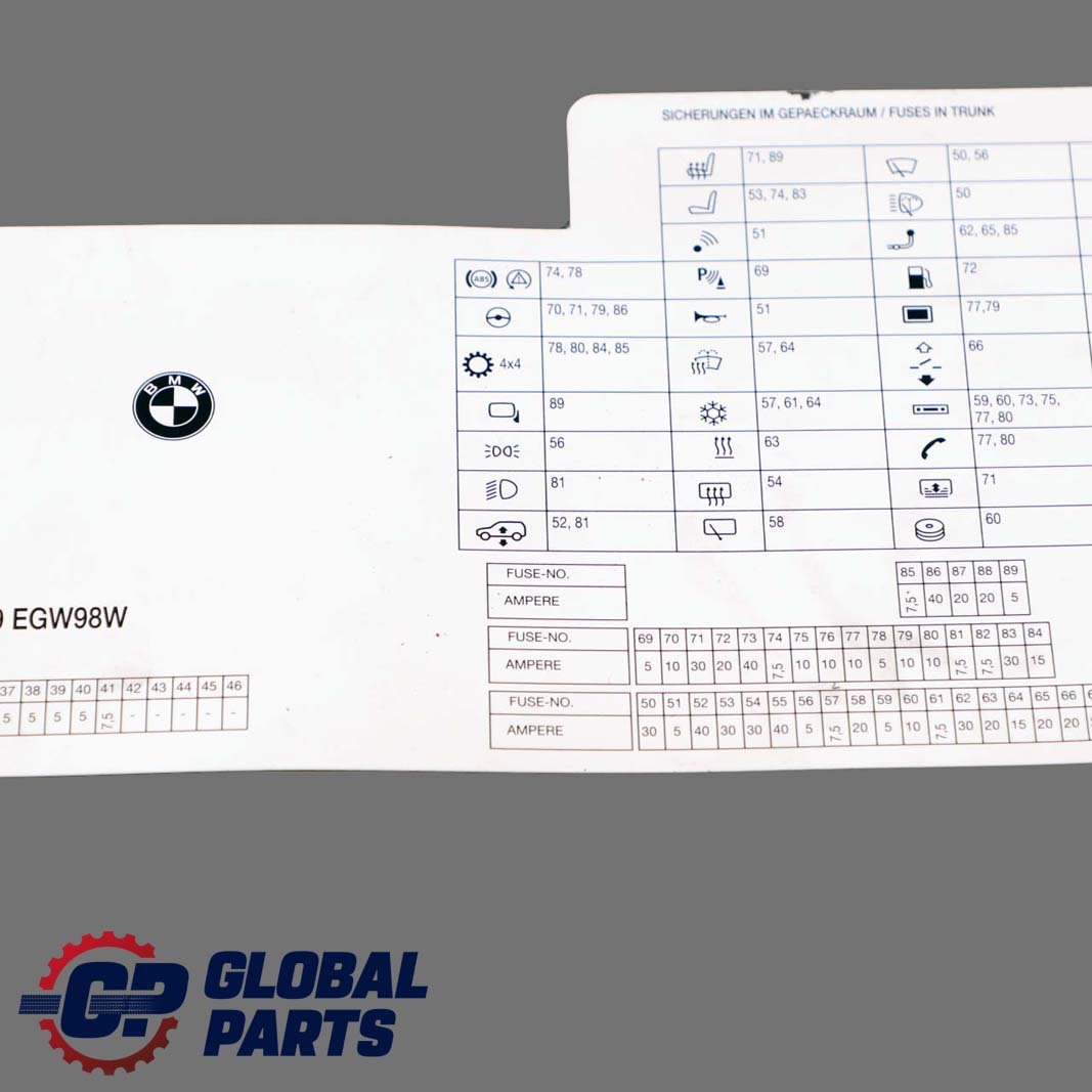 BMW E60 LCI E61 Map Fuse Box Grouping Diagram Card 9156547