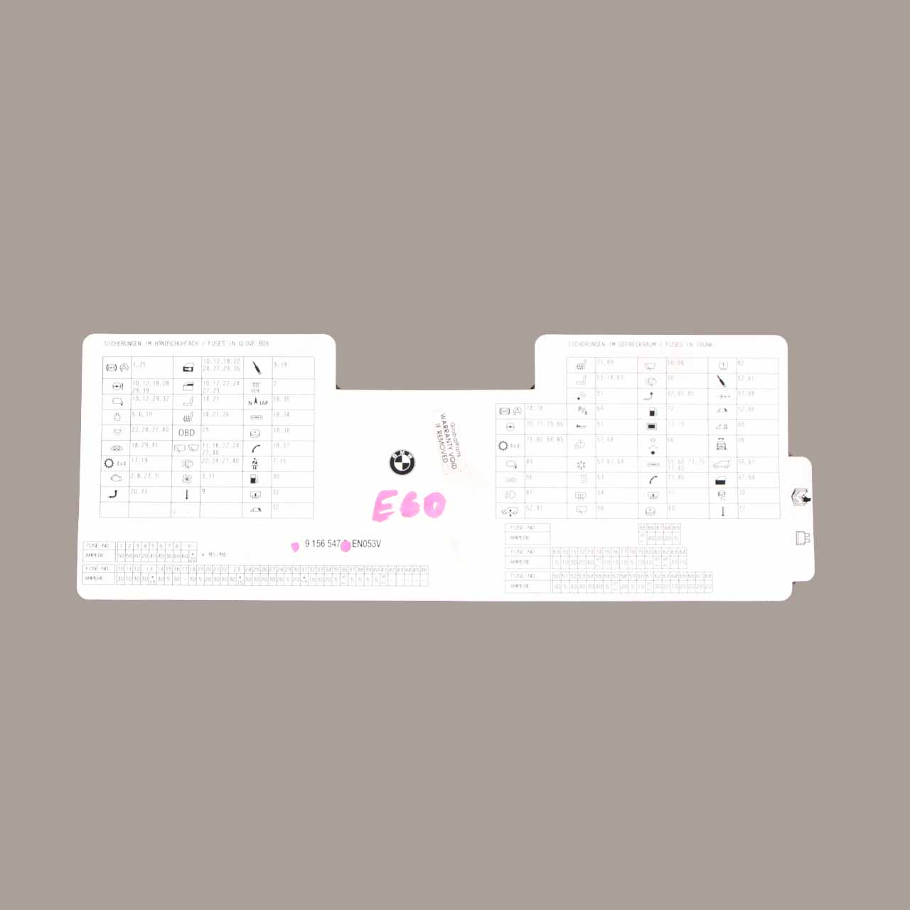 BMW E60 LCI E61 Map Fuse Box Grouping Diagram Card 9156547