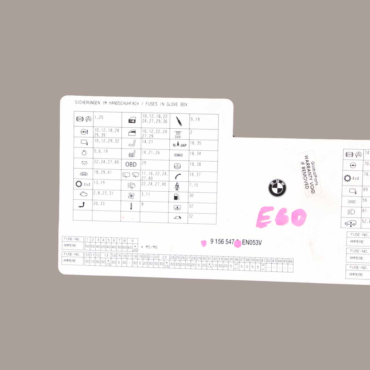 BMW E60 LCI E61 Map Fuse Box Grouping Diagram Card 9156547