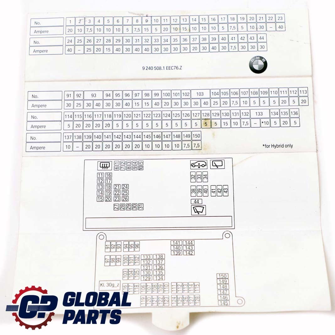 BMW X5 X6 E70 E71 Map Fuse Assignment Grouping Card 9240508