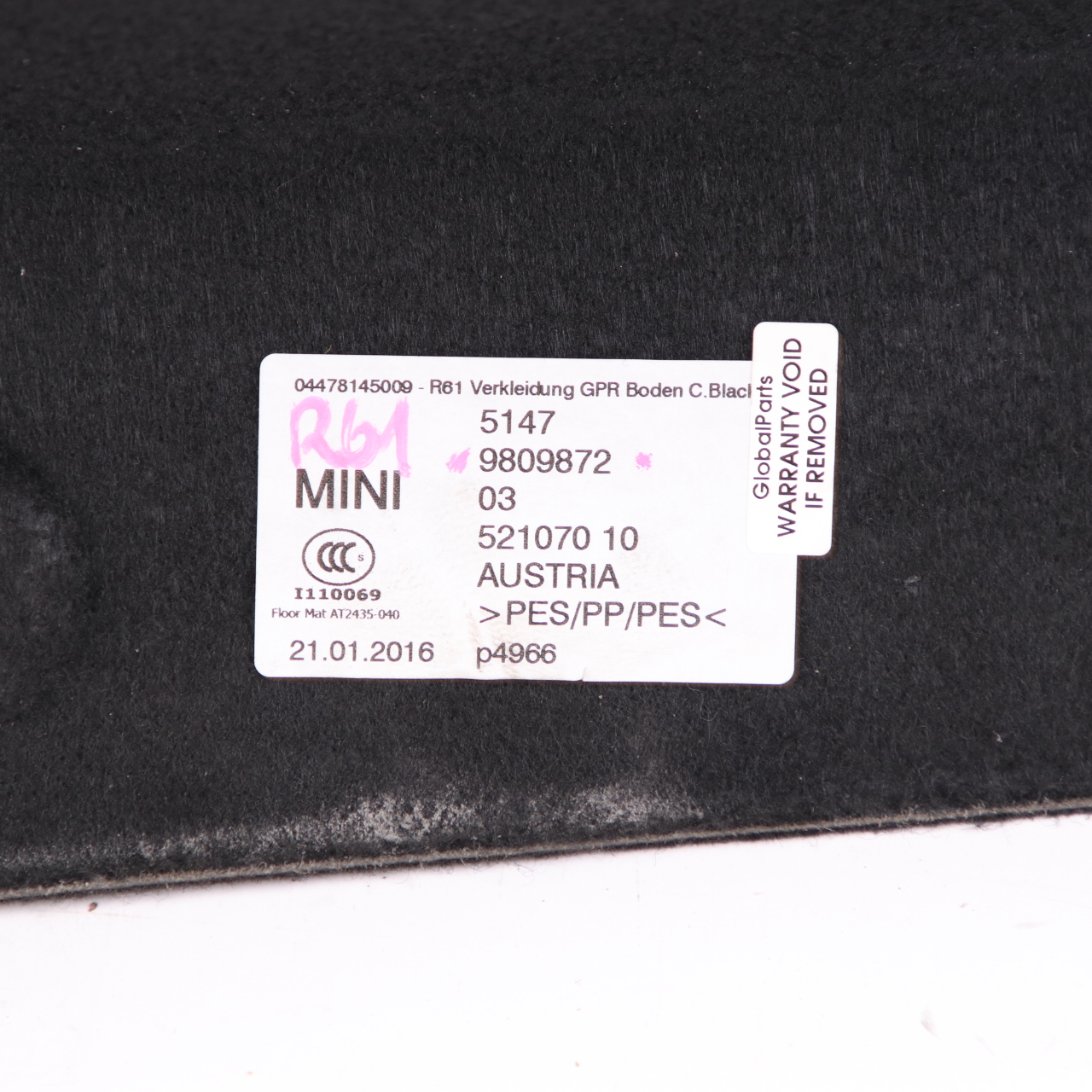 Trunk Floor Carpet Mini R61 Paceman Boot Trim Panel Luggage Compartment 9809872