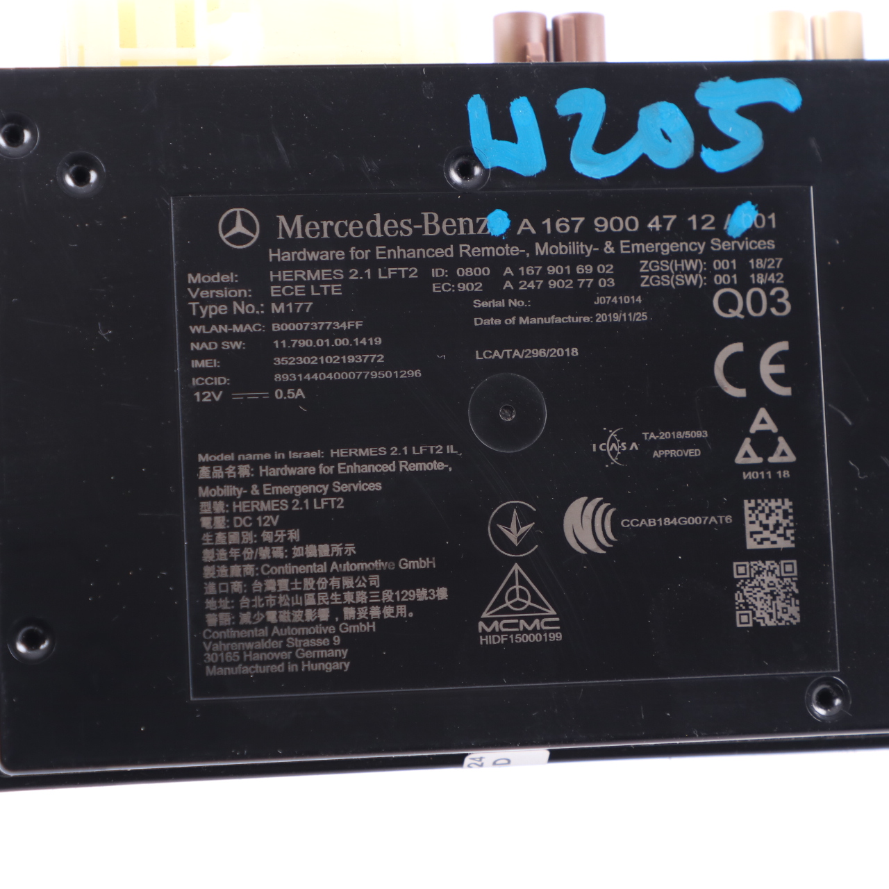 Bluetooth Module Mercedes W205 W213 W222 W238 Control Unit ECU A1679004712