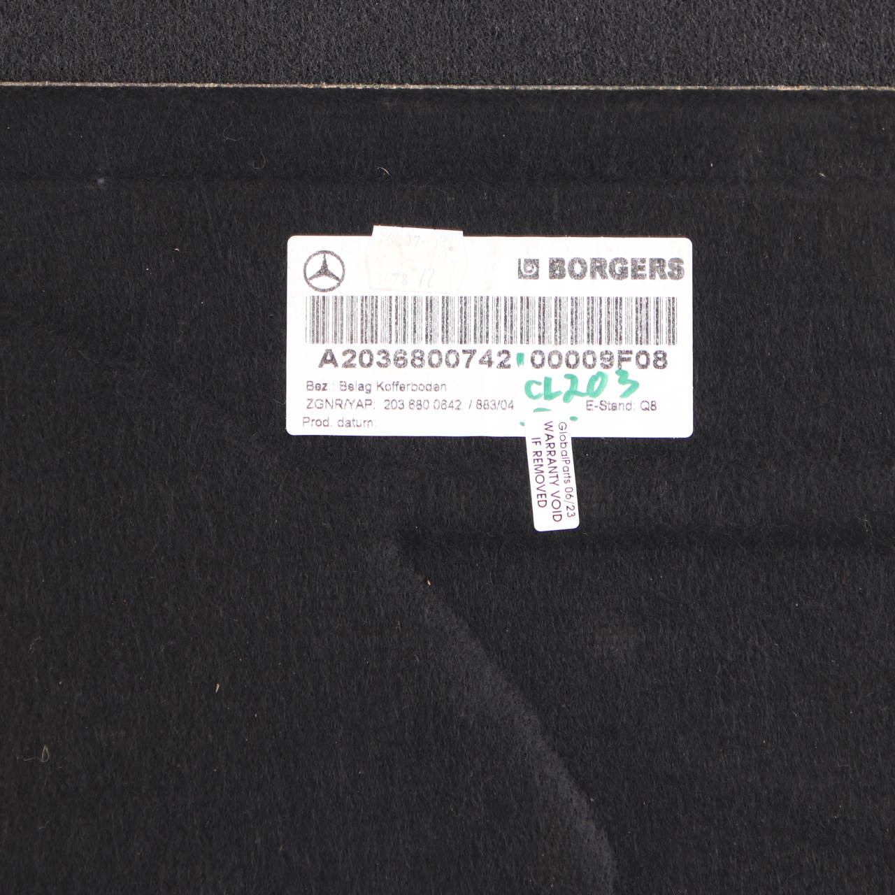 Mercedes CL203 Boot Loading Floor Carpet Cover Trunk Black A2036800742