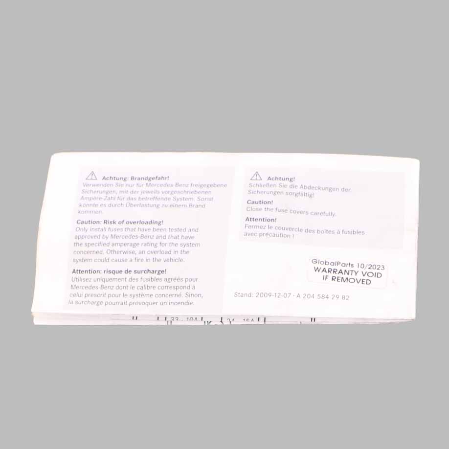 Mercedes W204 Fuse Box Grouping Fuse Placement Map Card Diagram A2045842982