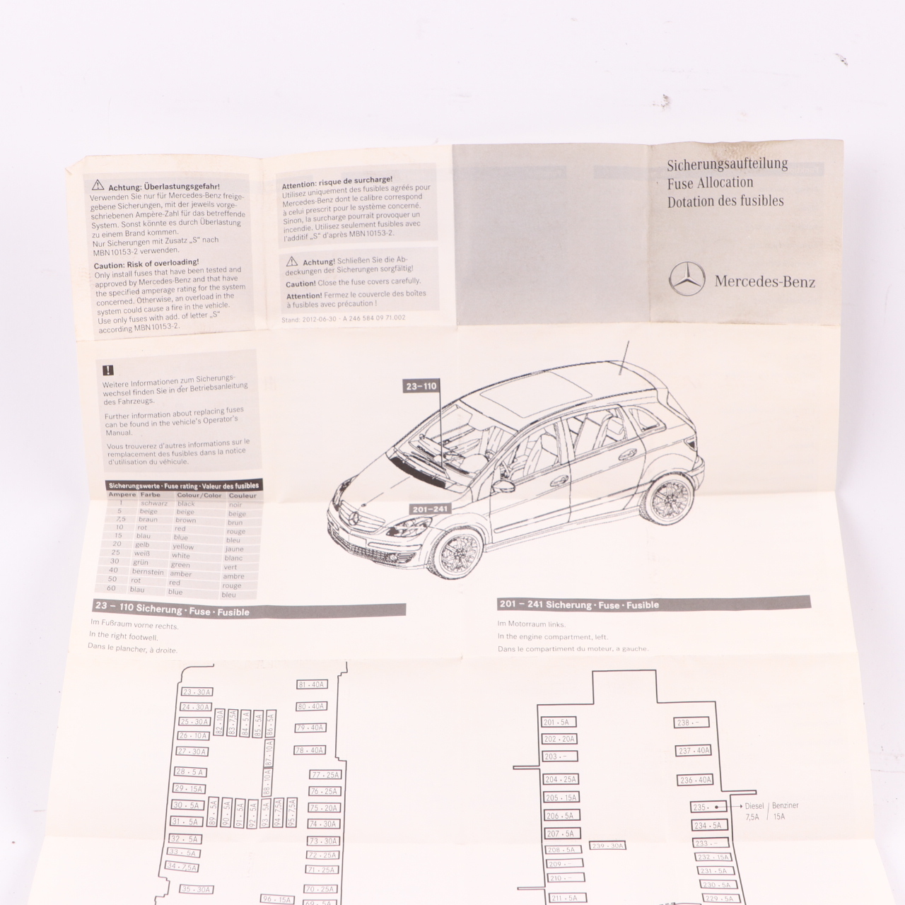 Mercedes W176 Fuse Box Allocation Fuse Placement Map Card Diagram A2465840971