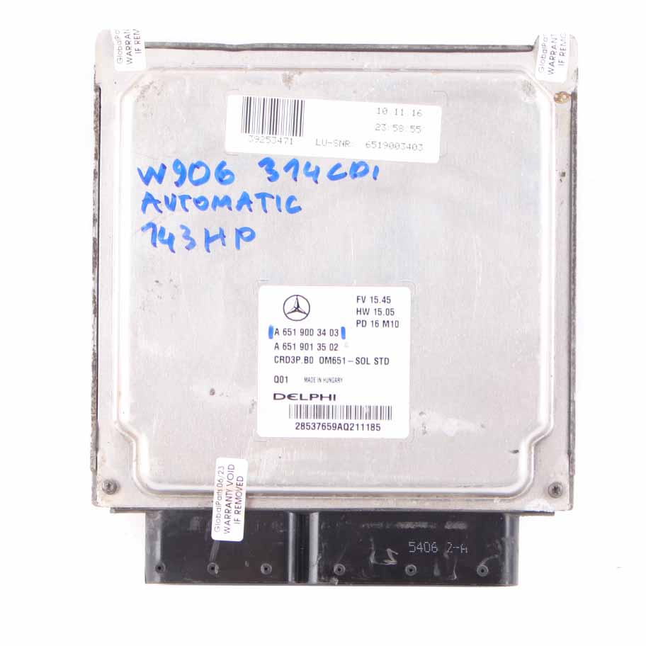 Mercedes W906 314 CDI OM651 143HP Engine Unit Module ECU Automatic A6519003403